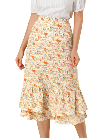 Printed Chiffon Elastic Waist Ruffle Tiered Flowy Midi Skirt