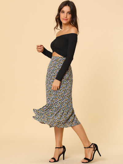 Printed Chiffon Elastic Waist Ruffle Tiered Flowy Midi Skirt