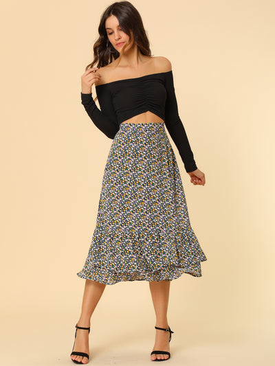 Printed Chiffon Elastic Waist Ruffle Tiered Flowy Midi Skirt