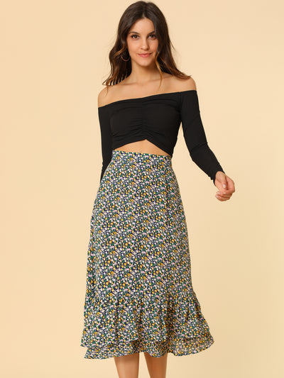 Printed Chiffon Elastic Waist Ruffle Tiered Flowy Midi Skirt