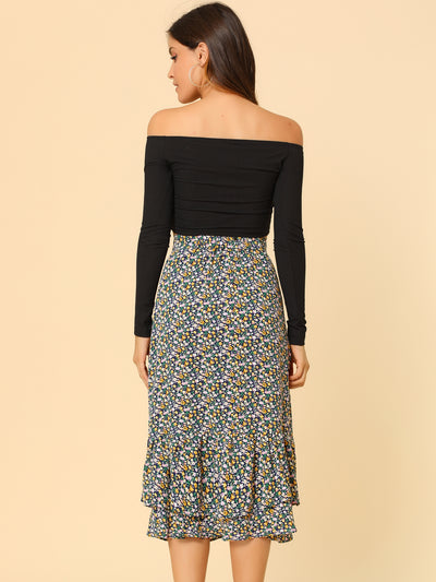 Printed Chiffon Elastic Waist Ruffle Tiered Flowy Midi Skirt