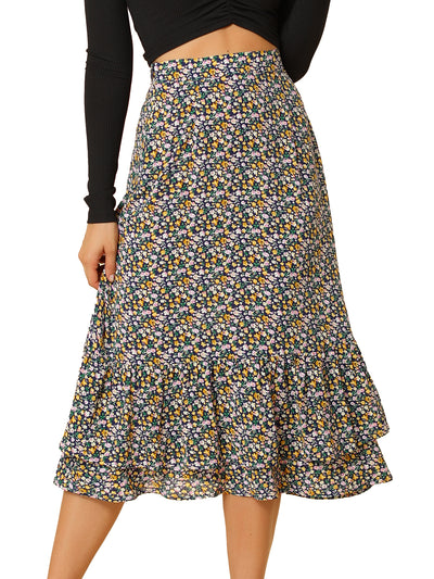 Printed Chiffon Elastic Waist Ruffle Tiered Flowy Midi Skirt