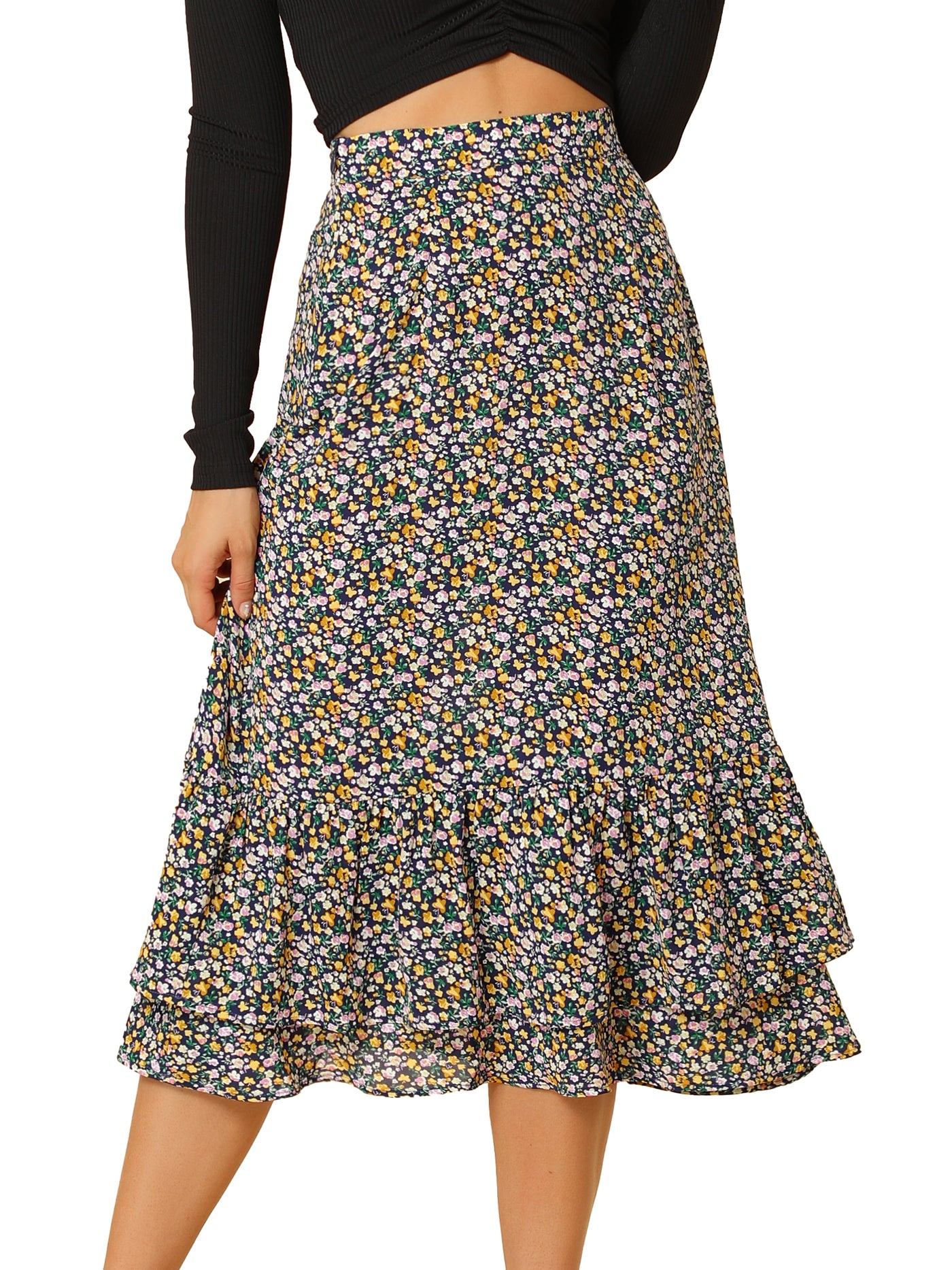 Allegra K Printed Chiffon Elastic Waist Ruffle Tiered Flowy Midi Skirt