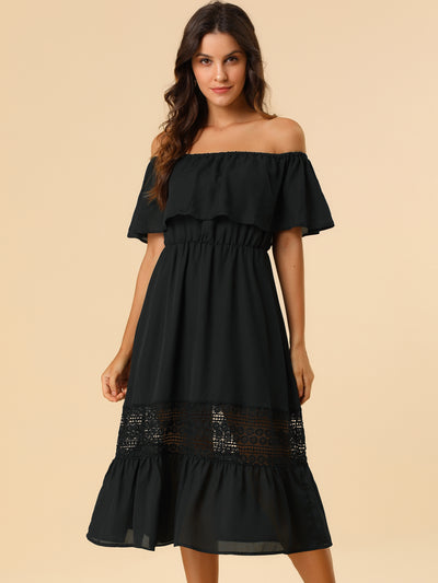 Off The Shoulder Ruffle Lace Insert Beach Party Midi Dress