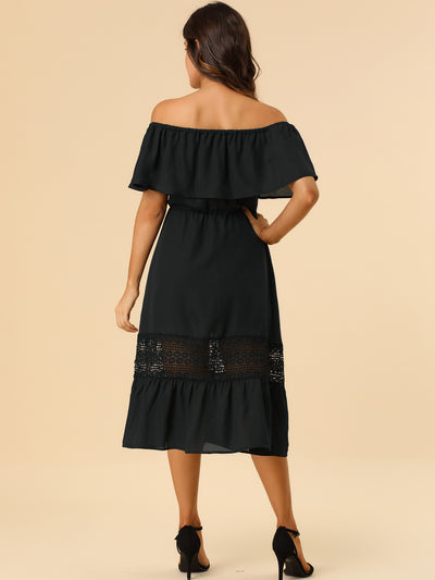 Off The Shoulder Ruffle Lace Insert Beach Party Midi Dress