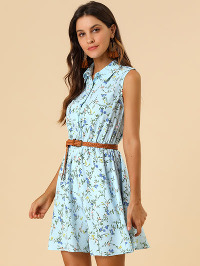 Floral Half Placket Above Knee Sleeveless Belted Mini Dress