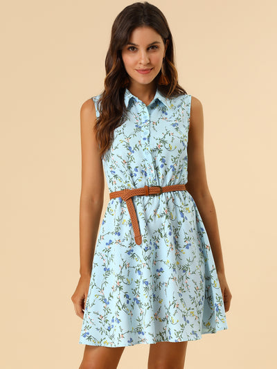 Floral Half Placket Above Knee Sleeveless Belted Mini Dress