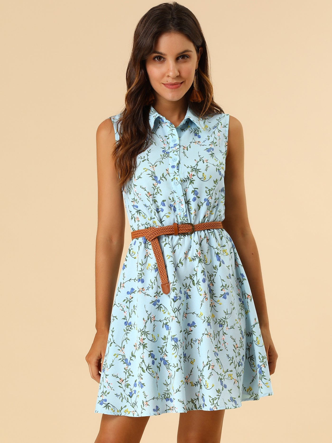 Allegra K Floral Half Placket Above Knee Sleeveless Belted Mini Dress