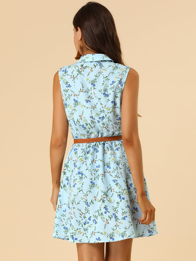 Floral Half Placket Above Knee Sleeveless Belted Mini Dress