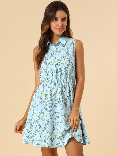 Floral Half Placket Above Knee Sleeveless Belted Mini Dress