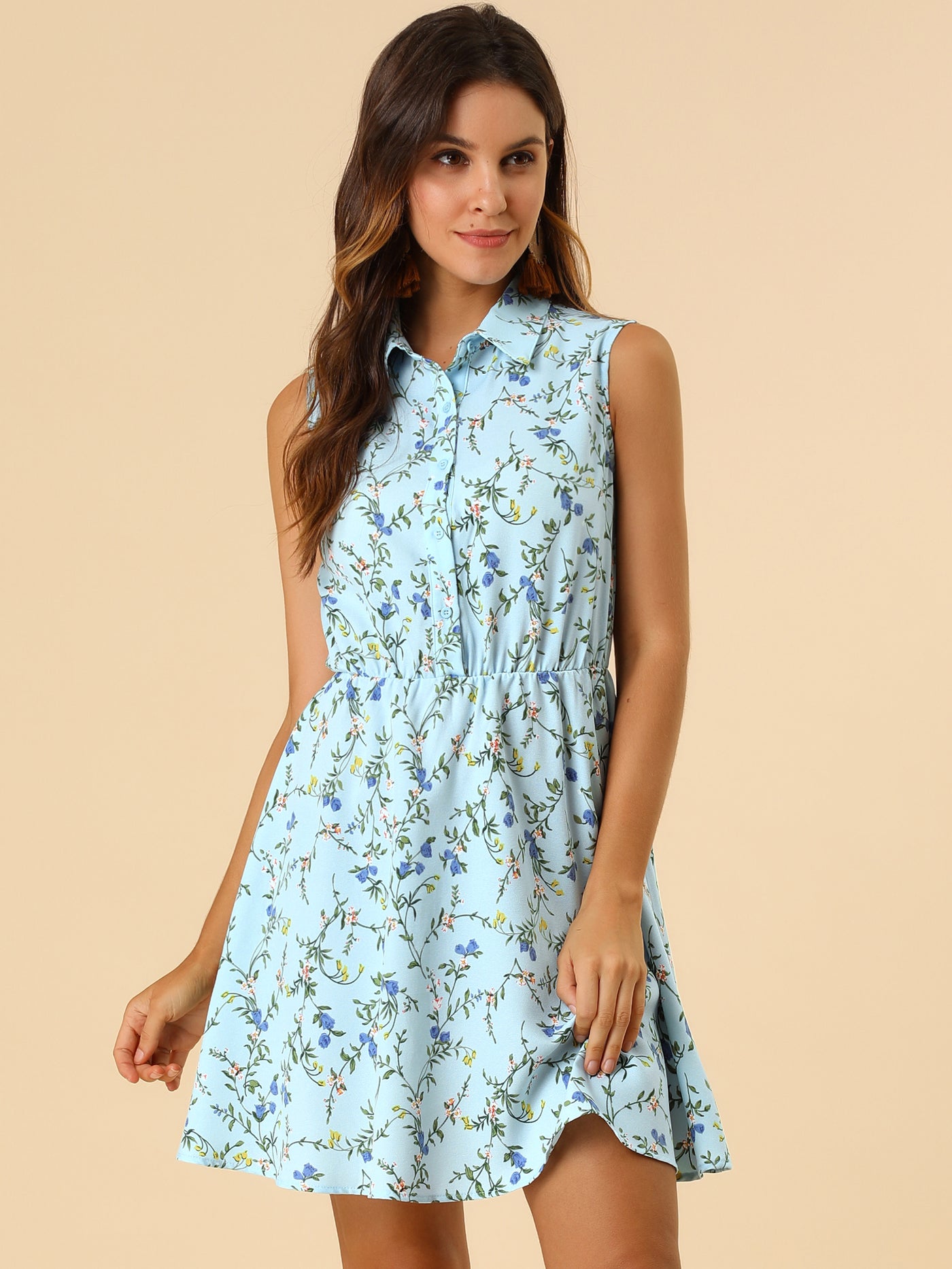 Allegra K Floral Half Placket Above Knee Sleeveless Belted Mini Dress