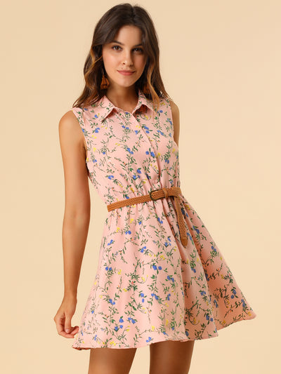 Allegra K Floral Half Placket Above Knee Sleeveless Belted Mini Dress