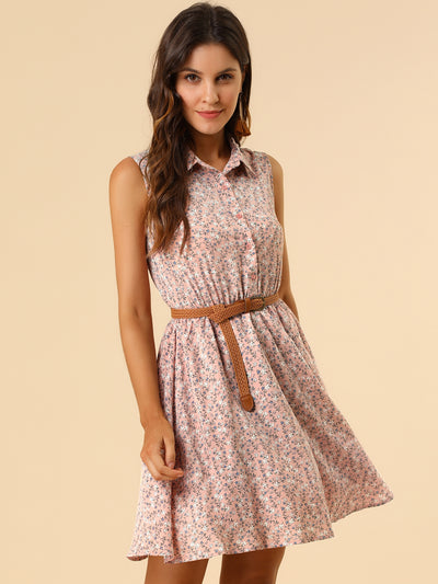 Floral Half Placket Above Knee Sleeveless Belted Mini Dress