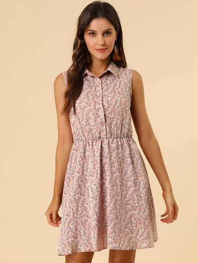 Floral Half Placket Above Knee Sleeveless Belted Mini Dress