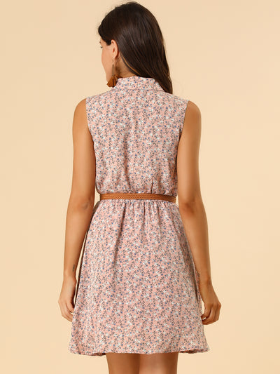 Floral Half Placket Above Knee Sleeveless Belted Mini Dress