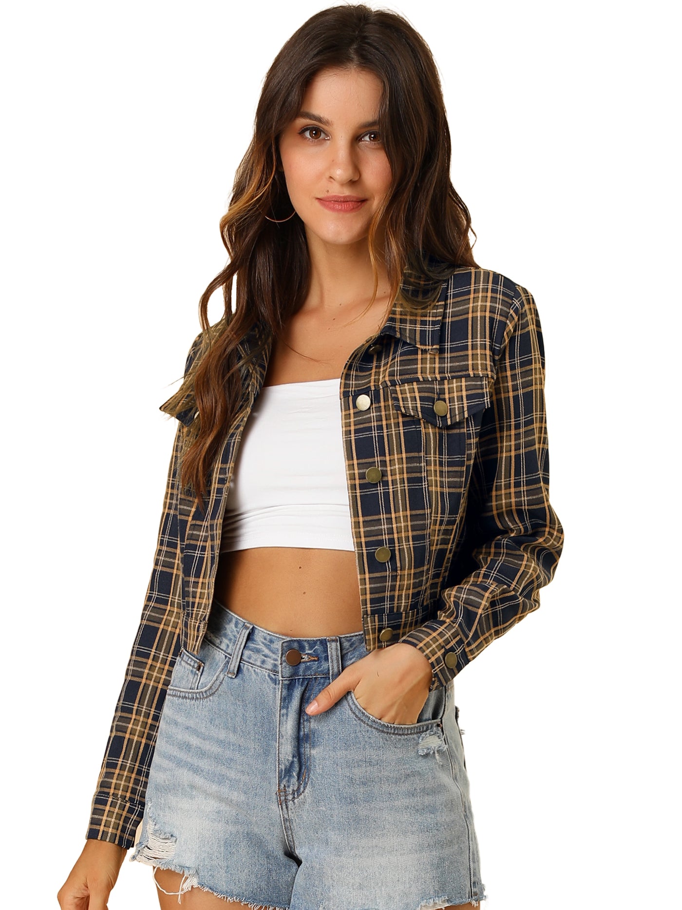 Allegra K Plaid Cropped Long Sleeve Lapel Button Down Moto Jacket