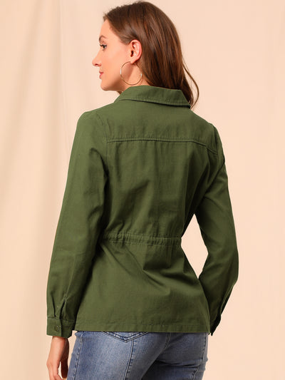 Drawstring Waist Flap Pocket Lightweight Utility Safari Jacket