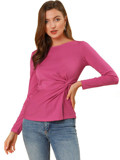 Round Neck Front Twist Tops Long Sleeve Blouse T Shirt