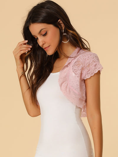 Elegant Short Sleeve Sheer Floral Lace Shrug Top