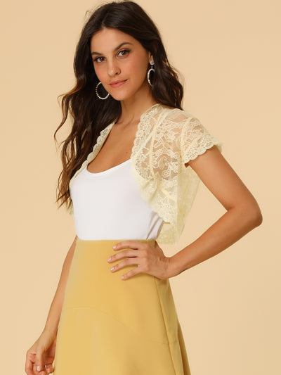 Elegant Short Sleeve Sheer Floral Lace Shrug Top