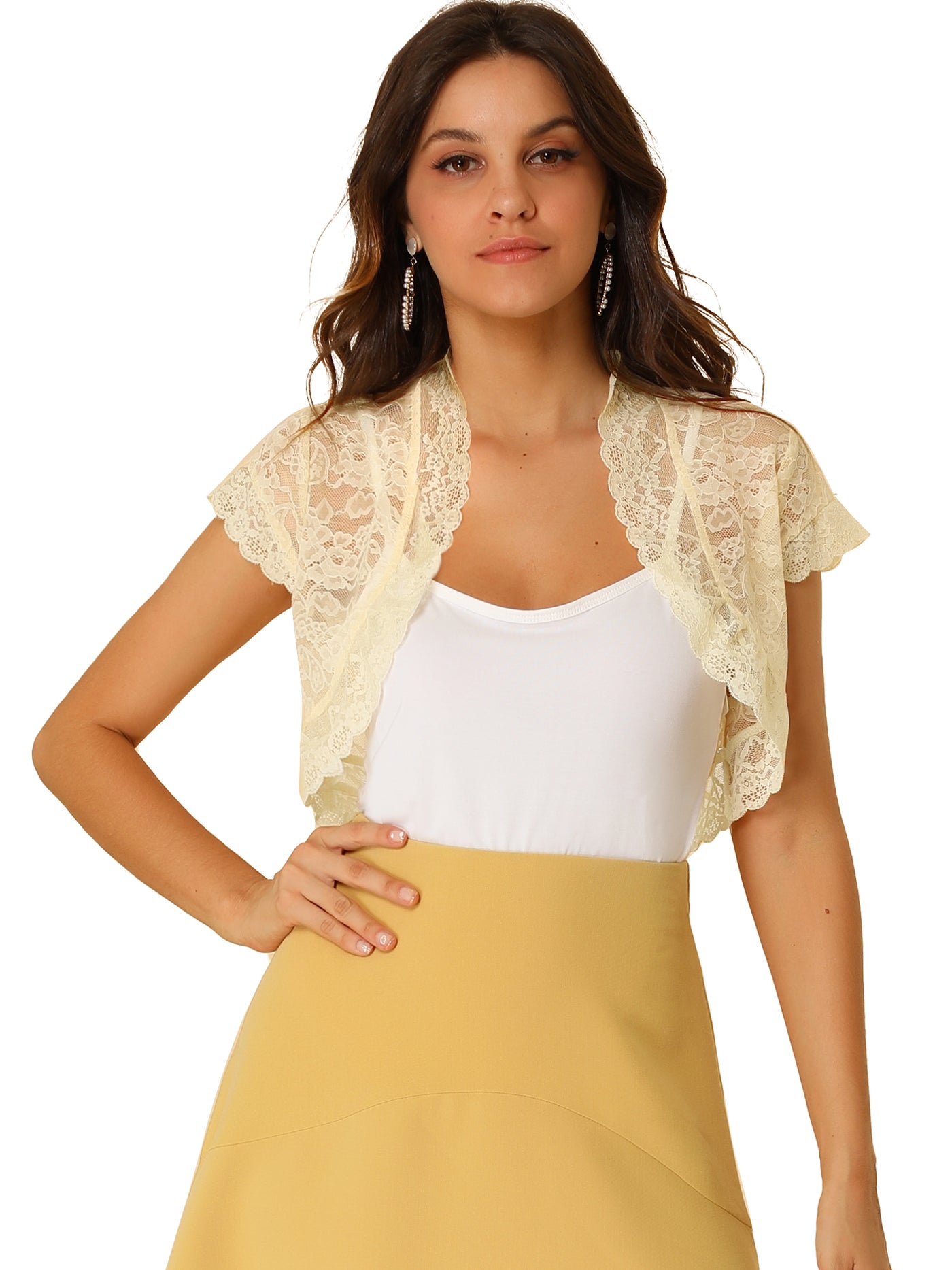 Allegra K Elegant Short Sleeve Sheer Floral Lace Shrug Top