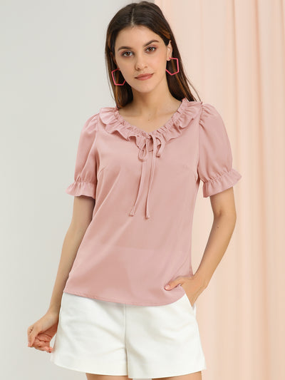 Ruffle Tie V NeckPuff Sleeve Ruffle Cuff Casual Blouse