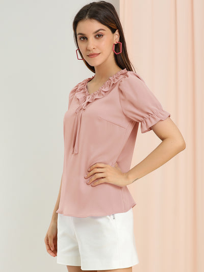 Ruffle Tie V NeckPuff Sleeve Ruffle Cuff Casual Blouse