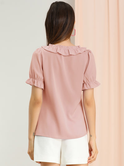 Ruffle Tie V NeckPuff Sleeve Ruffle Cuff Casual Blouse