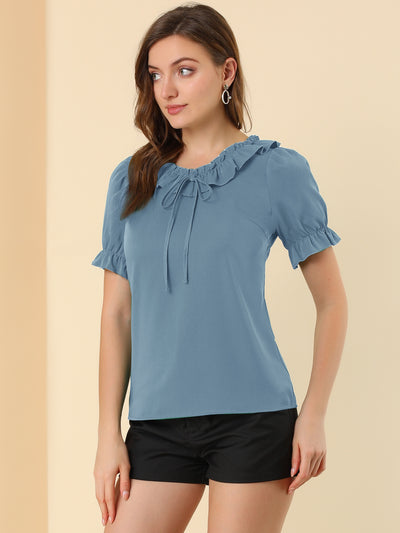 Ruffle Tie V NeckPuff Sleeve Ruffle Cuff Casual Blouse