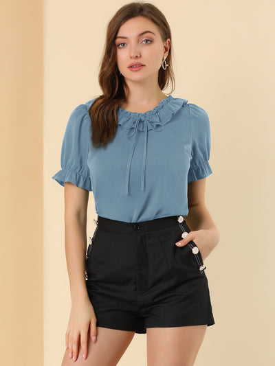 Ruffle Tie V NeckPuff Sleeve Ruffle Cuff Casual Blouse