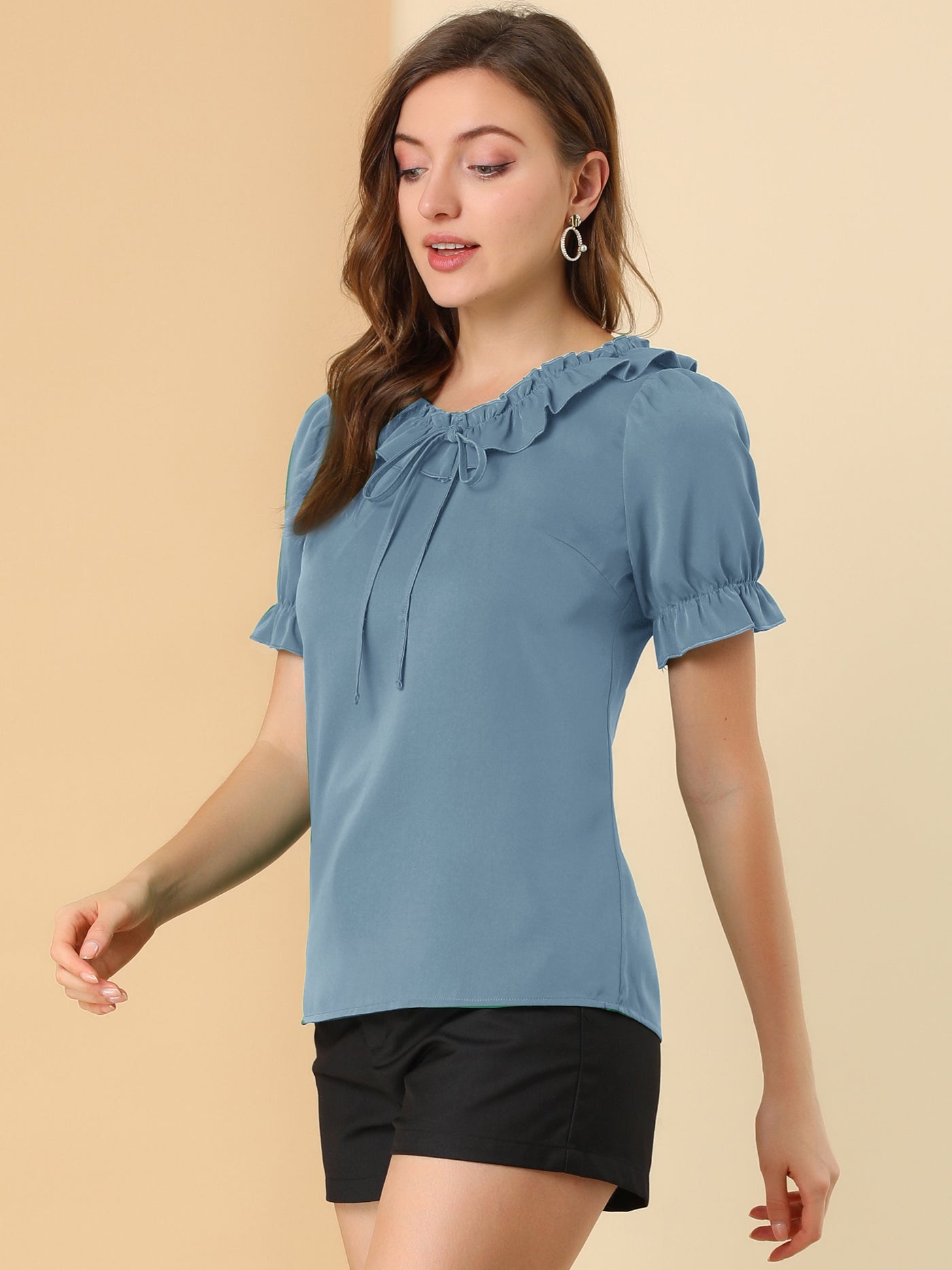 Allegra K Ruffle Tie V NeckPuff Sleeve Ruffle Cuff Casual Blouse