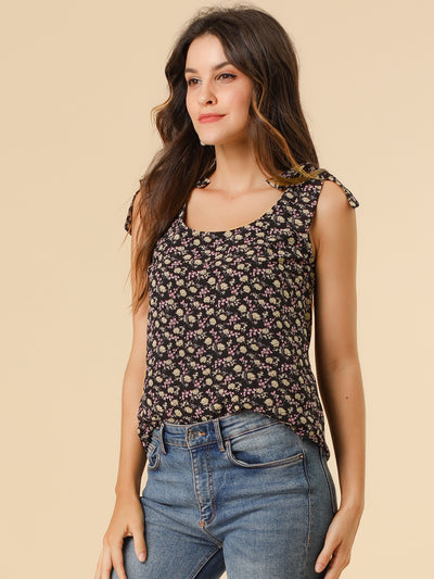 Boho Floral Print Casual Chiffon Tie Shoulders Tank Top