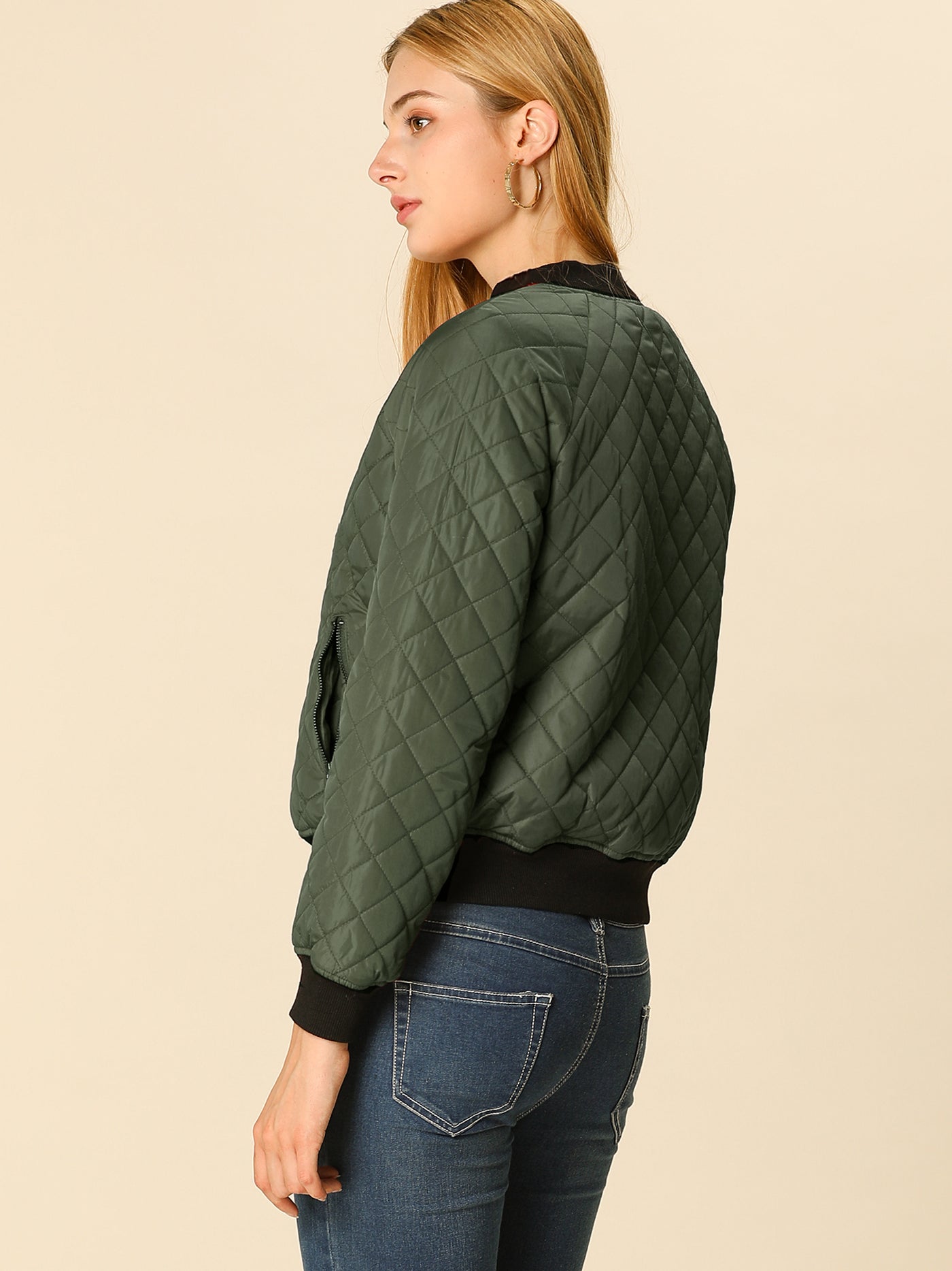 Allegra K Women's Quilted Zip-Up Raglan Sleeves Bomber Jacket Dark Green  X-Large