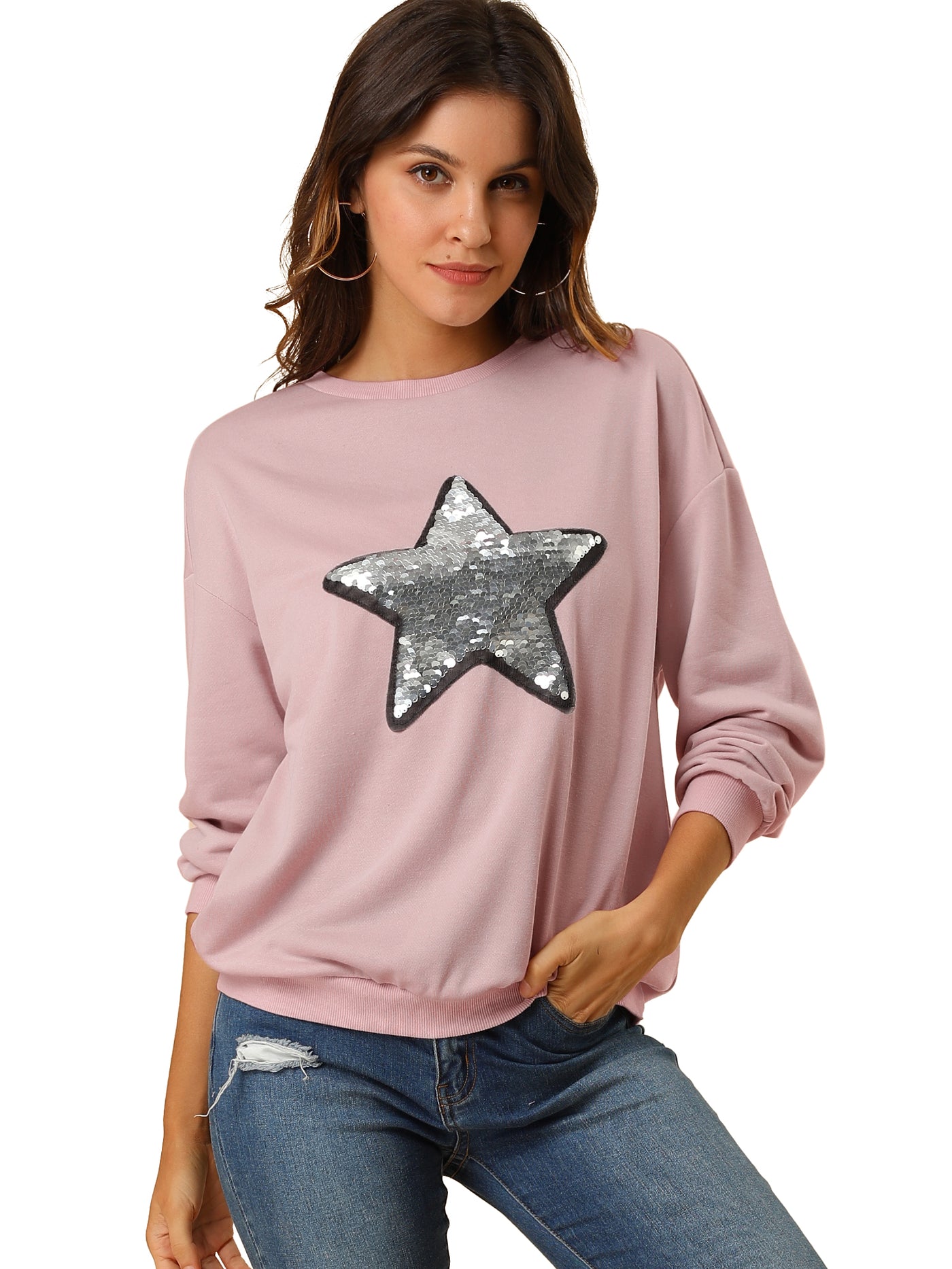 Allegra K Sequin Shiny Star Crew Neck Long Sleeve Sweatshirt Top
