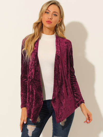 Shawl Collar Pocket Open Front Velvet Cardigan