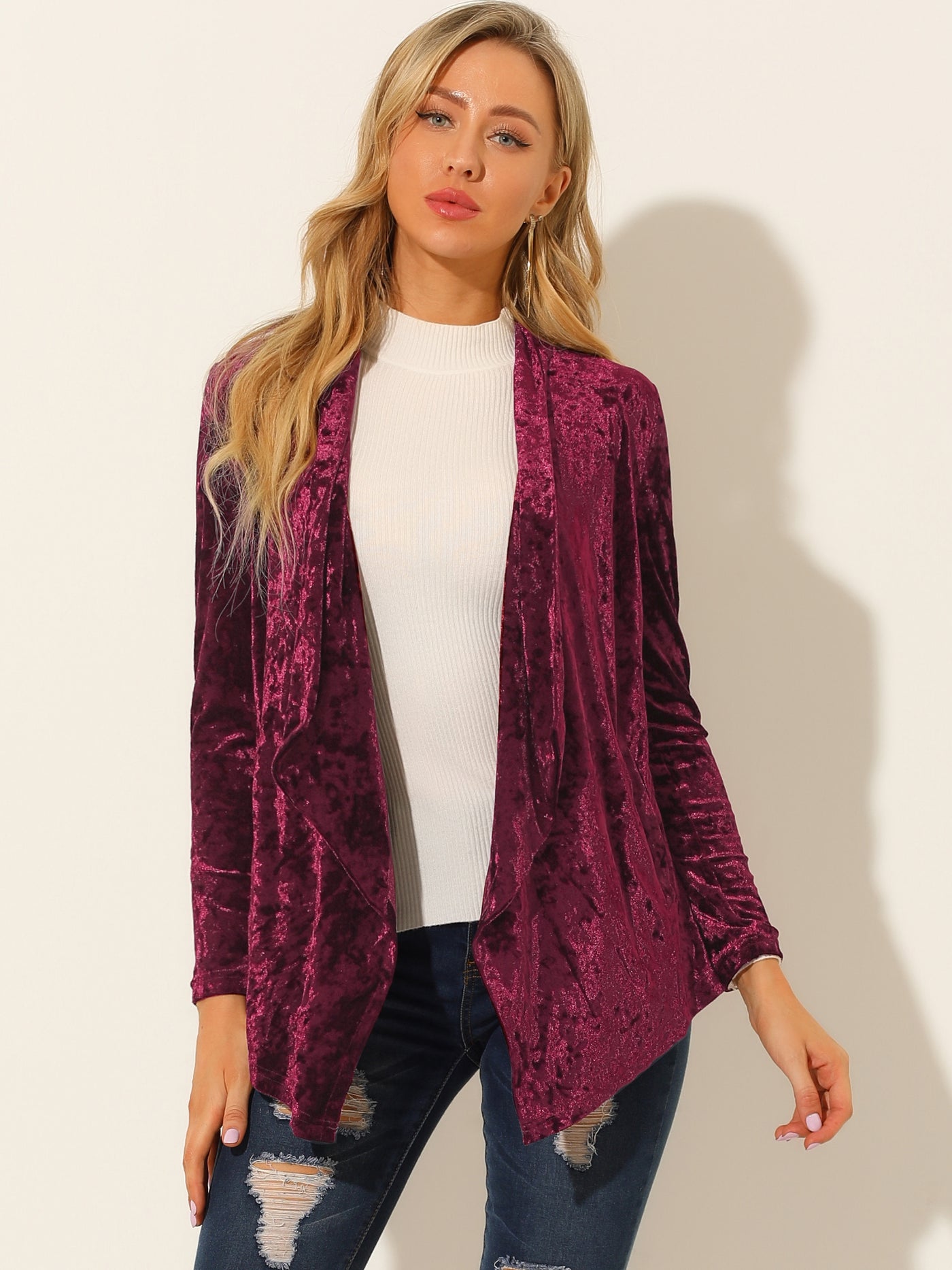 Allegra K Shawl Collar Pocket Open Front Velvet Cardigan