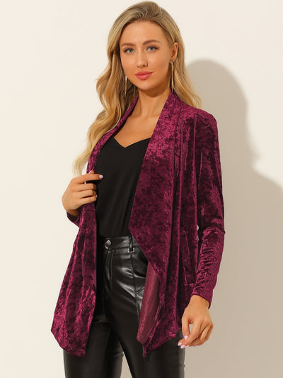 Shawl Collar Pocket Open Front Velvet Cardigan