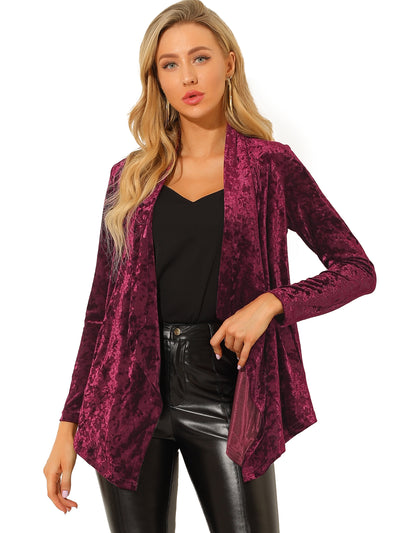 Shawl Collar Pocket Open Front Velvet Cardigan