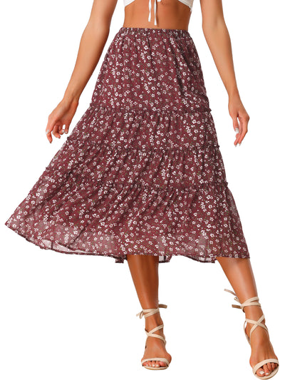 Chiffon Floral Printed Long Tiered Ruffle Boho Midi Skirt