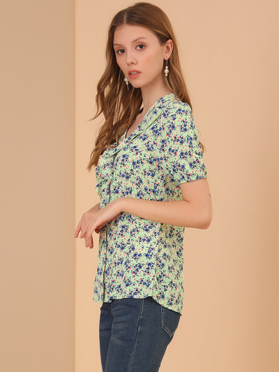 Summer Short Sleeve V Neck Ruffle Floral Button Down Shirt Top