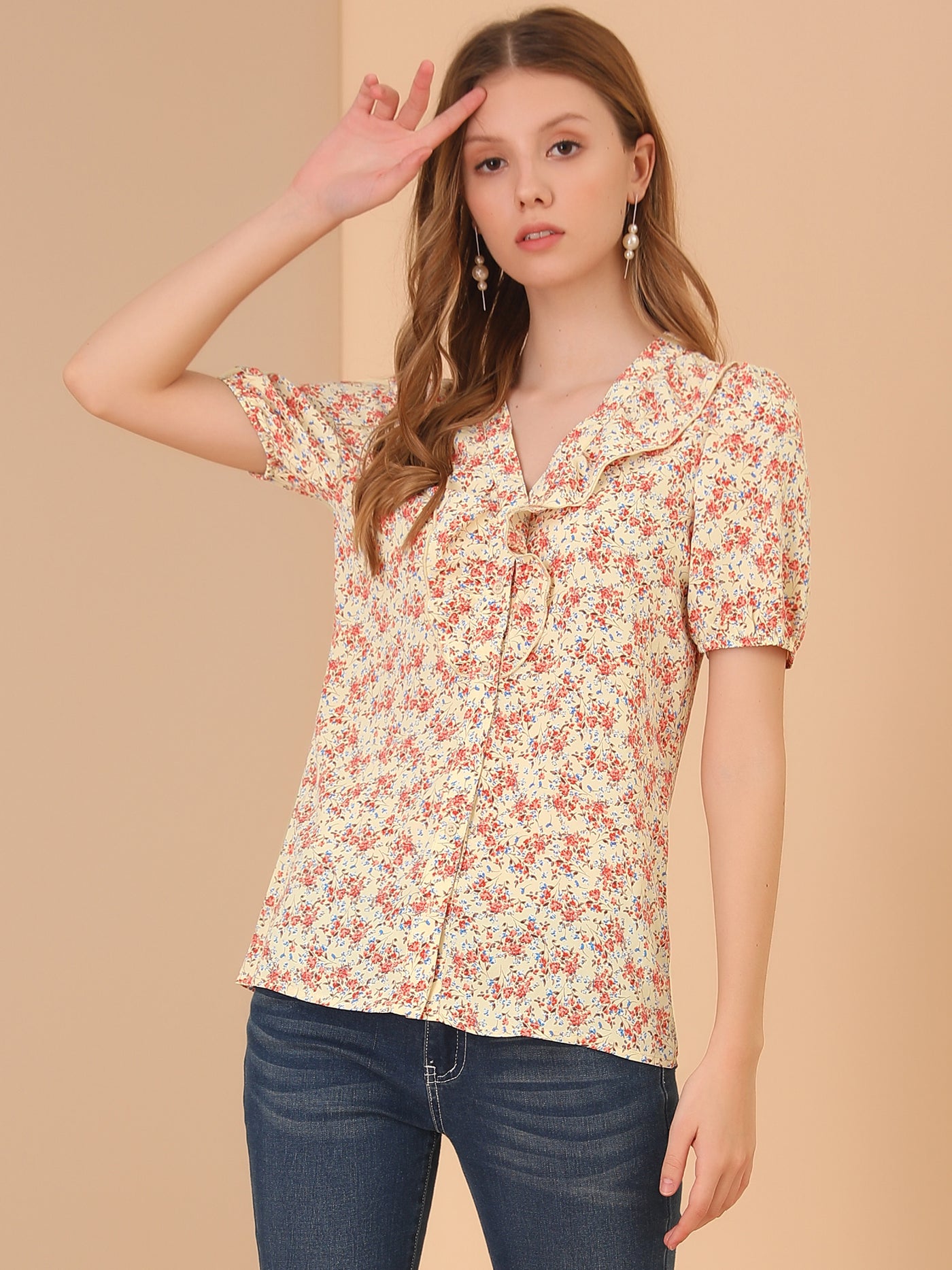 Allegra K Summer Short Sleeve V Neck Ruffle Floral Button Down Shirt Top