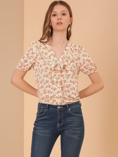 Summer Short Sleeve V Neck Ruffle Floral Button Down Shirt Top