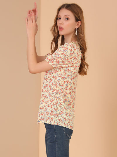 Summer Short Sleeve V Neck Ruffle Floral Button Down Shirt Top