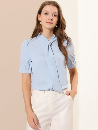 Tie Neck Work Top Puff Sleeve Blouse Eleagnt Button Down Shirt