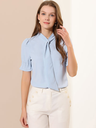 Tie Neck Work Top Puff Sleeve Blouse Eleagnt Button Down Shirt