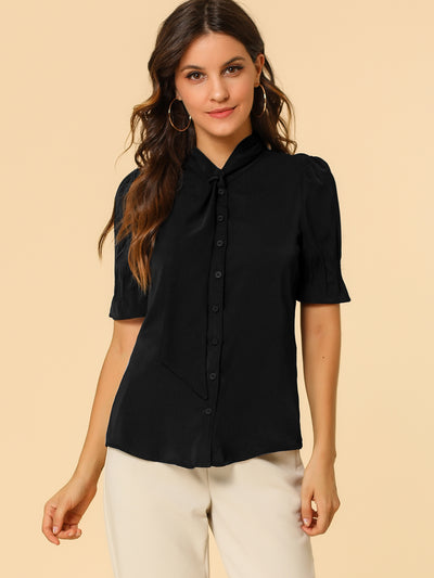 Tie Neck Work Top Puff Sleeve Blouse Eleagnt Button Down Shirt