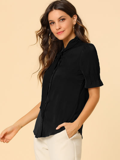 Tie Neck Work Top Puff Sleeve Blouse Eleagnt Button Down Shirt