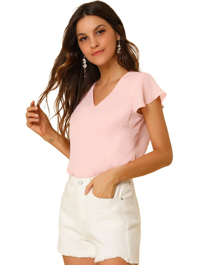 Chiffon Blouse Elegant V Neck Cap Sleeve Work Summer Top