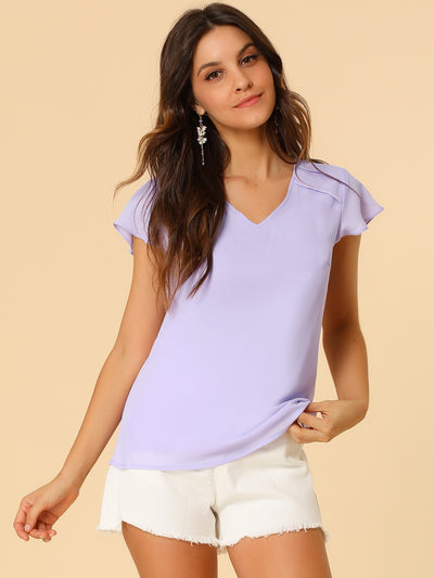 Chiffon Blouse Elegant V Neck Cap Sleeve Work Summer Top