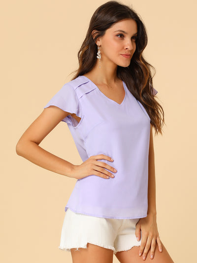 Chiffon Blouse Elegant V Neck Cap Sleeve Work Summer Top